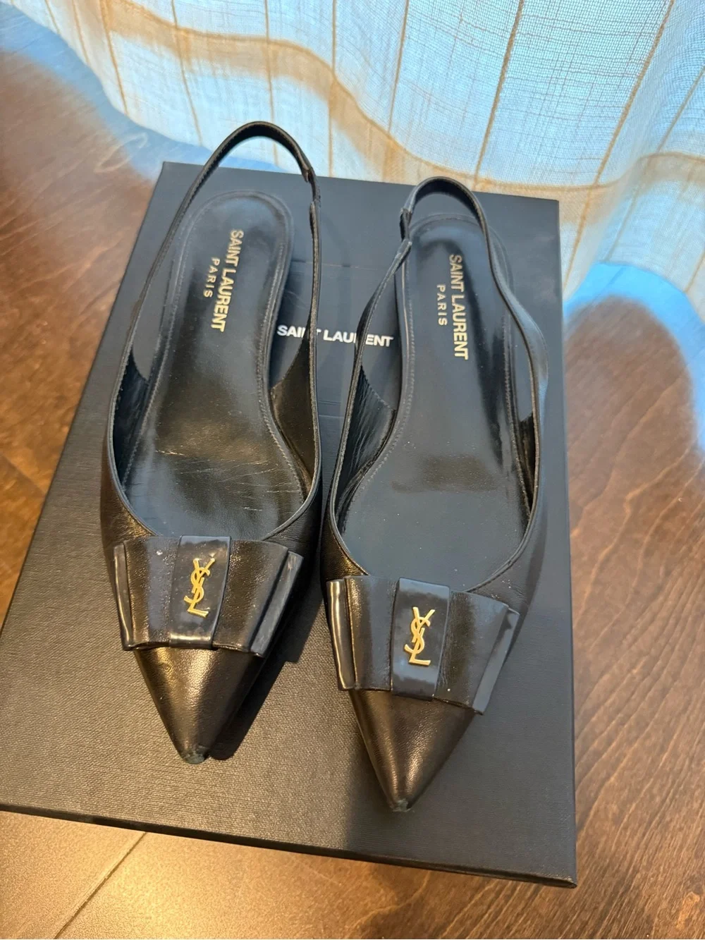 Yves Saint Laurent Anais Black Pointy Slingback Flat with Bow and Gold Logo